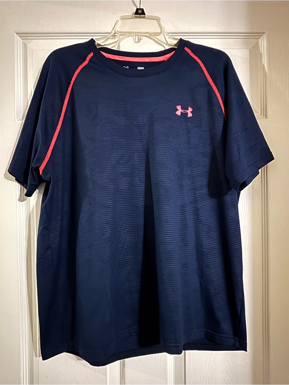 Under Armour Men’s Navy Short Sleeve Performance Tee with Pink Accents